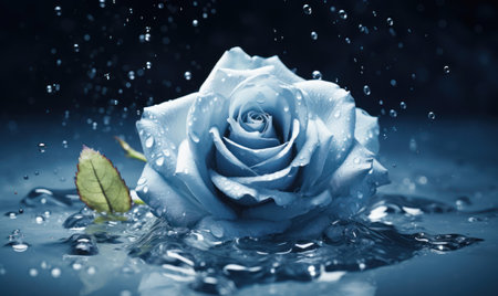 Beautiful white rose with water drops on a dark blue background.の素材