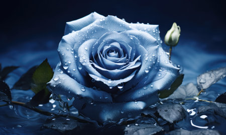 Beautiful blue rose with water drops on blue background. Close up.の素材
