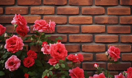 Red roses on brick wall background with copy space for your text.の素材