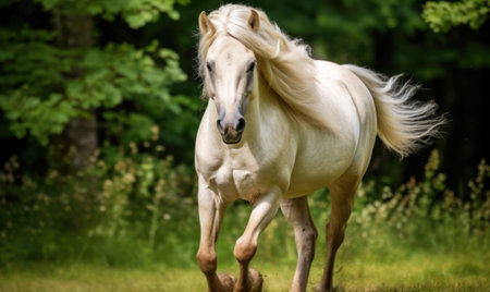 Beautiful white palomino stallion running on green meadowの素材