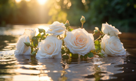 Beautiful white roses on the water surface in sunset light. Romantic background.の素材
