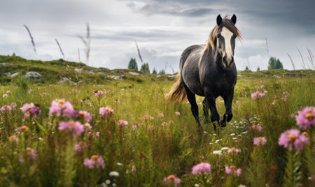 Horse in the meadow with pink flowers on a cloudy dayの素材