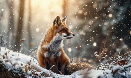 Red fox in winter forest. Beautiful wild animal in nature habitat.の素材
