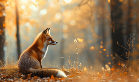 Beautiful red fox sitting in the autumn forest. Sunset time.の素材