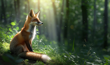 Red fox sitting on the grass in the forestの素材