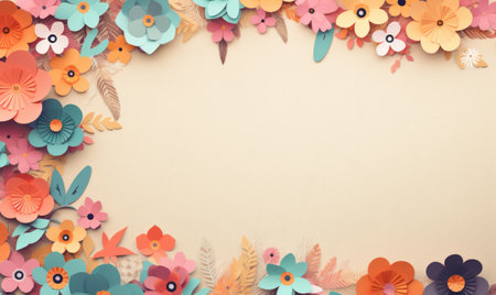 Paper flowers and leaves on brown background with copy space, retro tonedの素材