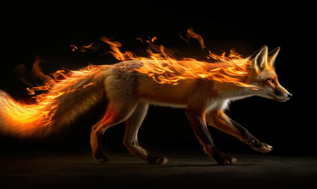 Fiery fox on a black background. Fire in the dark. Fantasy animal, fire element.の素材