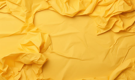 Yellow creased crumpled paper background grunge texture backdrop.の素材