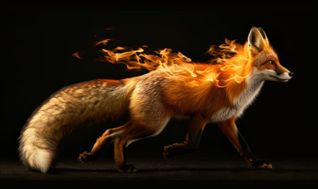 Red fox with fire on a black background. Animal in the fire.の素材