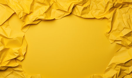Yellow crumpled paper with space for text on yellow background.の素材