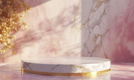 Abstract minimal scene with marble podium and tropical leaves on pink background.の素材