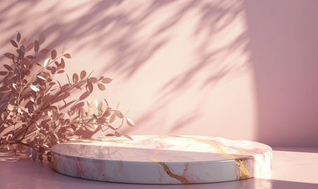 Pink marble podium with shadow of leaves and rose quartz texture backgroundの素材
