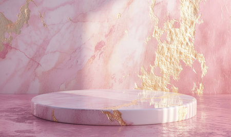 Pink marble podium with shadow of leaves and rose quartz texture backgroundの素材