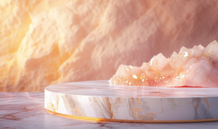 Pink marble podium with shadow of leaves and rose quartz texture backgroundの素材