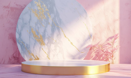 abstract background with marble podium and pink cherry blossomsの素材