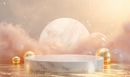 abstract background, white marble podium with gold balls on the background of the planet.の素材
