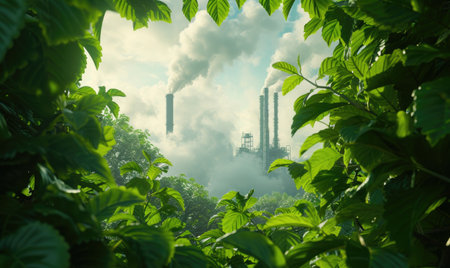 smoke from the chimney of an industrial plant with green leavesの素材