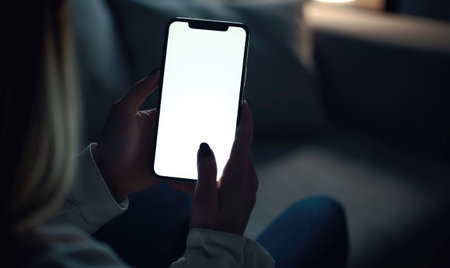 Mockup image of a woman's hand holding a smartphone with blank white screen while sitting on sofa at nightの素材