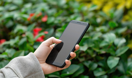 Female hand holding smart phone with blank screen and green leaves background.の素材