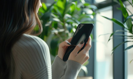 Woman using mobile phone in office. Close up of female hands holding smartphone.の素材