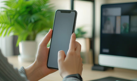 Mockup image of a woman's hands holding and using smart phone with blank screenの素材