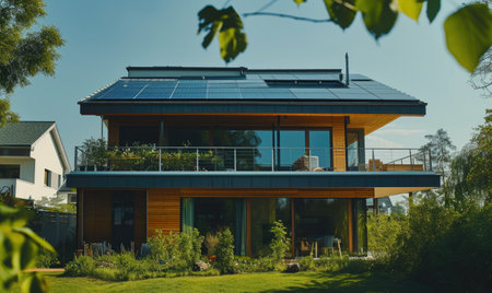Modern house with solar panels on the roof. Alternative energy source.の素材