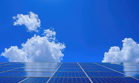 Solar panels with blue sky background. Alternative energy source. Alternative energy concept.の素材