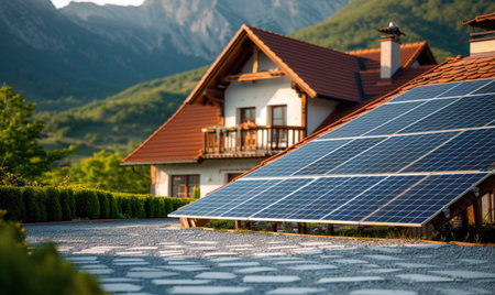 Solar panels installed on the roof of a house in the mountains.の素材