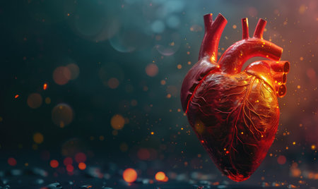 Human heart close-up. Human heart on a dark background with bokeh.の素材