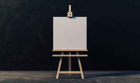 Easel with blank canvas standing on concrete floor near dark wall. Mock upの素材