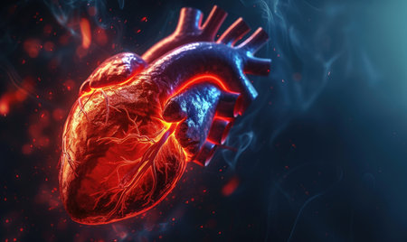 Human heart close-up. Human heart on a dark background with bokeh.の素材