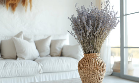 Vase with lavender flowers on table in room. Interior designの素材