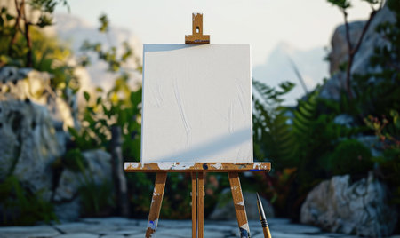Blank canvas on an easel with a brush on a background of mountainsの素材