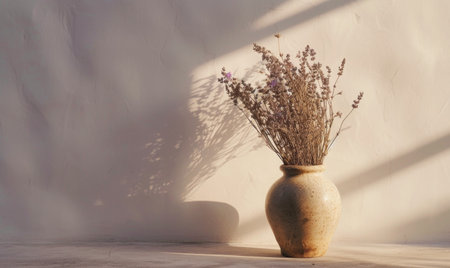 Vase with dry lavender flowers on wooden table and white wall backgroundの素材