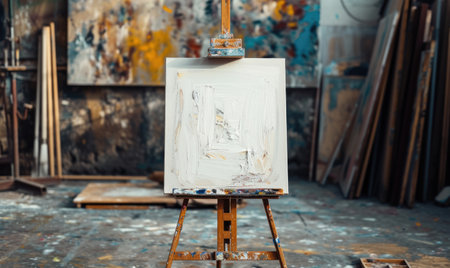 Painting with oil paints on an easel in an art studioの素材