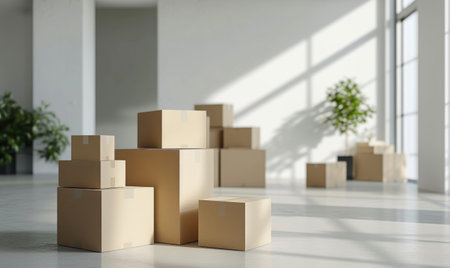 Stack of cardboard boxes in white room with sunlight. Space for text. Box mockup on whiteの素材