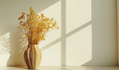 Vase with dry lavender flowers on wooden table and white wall backgroundの素材
