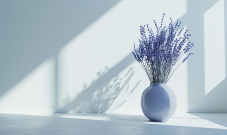 Lavender bouquet in vase on white background with shadow.の素材