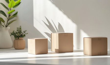 Stack of cardboard boxes in white room with sunlight. Space for text. Box mockup on whiteの素材