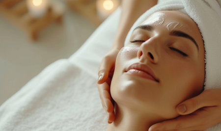 Beautiful young woman getting facial massage in spa salon, closeupの素材