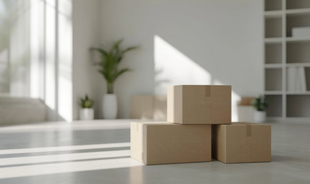 Moving boxes in empty room with green plants. Space for text. Box mockup on whiteの素材
