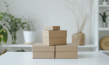 Moving boxes in empty room with green plants. Space for text. Box mockup on whiteの素材