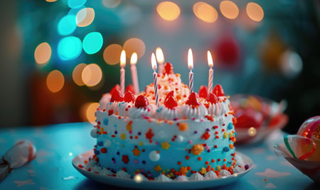 Birthday cake with burning candles on blurred lights background, closeupの素材