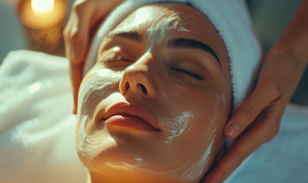 Beautiful young woman enjoying facial mask at spa salon. Beauty treatment concept.の素材