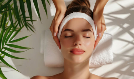 Beautiful young woman with closed eyes receiving facial massage in spa salonの素材