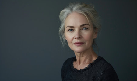 Portrait of a beautiful middle-aged woman in a black sweaterの素材