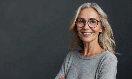 Portrait of smiling mature woman in eyeglasses looking at cameraの素材