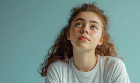 Portrait of a beautiful young girl with curly hair on a blue backgroundの素材