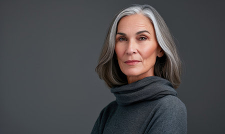 Portrait of a mature woman in a gray sweater on a gray backgroundの素材
