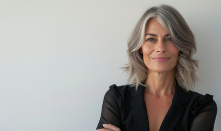 Portrait of mature businesswoman with gray hair looking at camera.の素材